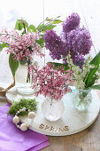 Lilac, Meyer lilac and lily-of-the-valley in various vases