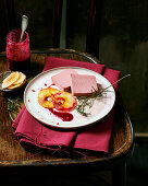 Veal liver pate with fried peaches and cranberry sauce