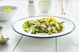 Green zucchini salad with black lentils and fresh mint