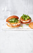 Prawn and salmon burgers with spicy mayo