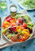 Citrus salad served in white bowl