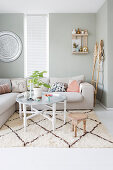 Oriental tray table in front of the sofa in the living room