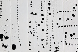 Black paint speckles on a white ground