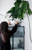 Frau dekoriert Wandschrank mit Papiersternen, daneben Zimmerpflanze