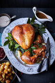 Brined roast turkey crown and confit legs