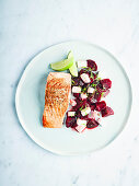 Salmon with beetroot, feta and lime salsa