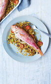 Red mullet with saffron baked orzo and broad beans
