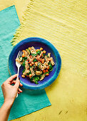 Vegan squash and spinach fusilli with pecans
