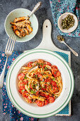 Fettuccine with tomatoes, sardines and capers