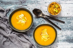 Pumpkin soup with lupine meal (minced meat substitute) and leek
