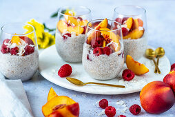 Coconut milk chia pudding with nectarines and raspberries