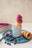 Homemade blueberry ice cream in cone