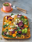 Garlicky roast butternut and beetroot salad with lentils