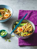 Spicy pak choi and mushroom ramen with cooked egg