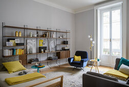 Shelving in retro-style living room in period apartment
