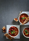 Chilled moroccan chickpea, lentil and tomato soup with crispy pita strips