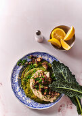 Green spinach 'pancakes' with cashew ‘cream cheese’ and pan-fried mushrooms