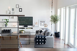 Split-level open-plan interior with view into living room