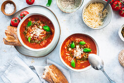Mediterranean tomato soup with risoni and basil pesto