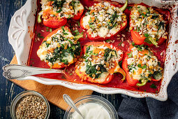 Gefüllte Paprikaschoten mit Reis, Spinat, Linsen und Mozzarella