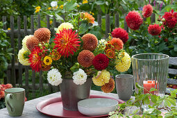 Yellow-red bouquet of dahlias and Helenium