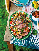 Leg of lamb with chickpea salad and smoky sauce