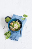 Quick spinach and shirataki noodles with tahini and soy seeds