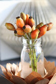 Posy of orange rose hips in glass vase on paper flower