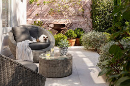 Round wicker furniture on terrace in courtyard garden