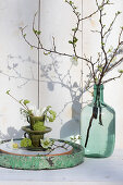 Spring arrangement of flowers in ceramic cups and budding branches in glass bottle