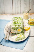 Cream cheese terrine with smoked salmon, spinach and egg