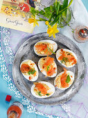 Easter eggs with salmon, smoked paprika, tabasco and mayonaise