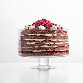 Berry trifle with white chocolate cream and pomegranate seeds
