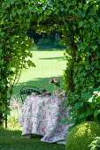 Romantisch gedeckter Kaffeetisch im sommerlichen Schloßgarten