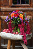 Autumn bouquet of dahlias, Michaelmas daisies and amaranth