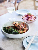 Typhoon king prawns with a side of vegetables (Hotel Esplanade, Melbourne, Australia)