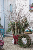 Rural Christmas decoration with birch trunks, birch and fir branches