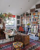 Bookcase in eclectic living room with ethnic patterns