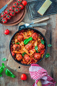 Nudeln mit Fleischbällchen in Tomatensauce