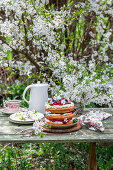 Vanillekuchen mit Frischkäse und Beeren auf Gartentisch