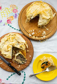 Puff pastry pies with pork and sweet potatoes