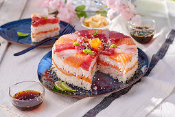 Sushi cake with tuna and salmon