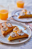 Crepe samosas with meringue and orange zest