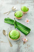 Refreshing sorbet made from pandan leaves, refined sugar and lime juice (vegan)