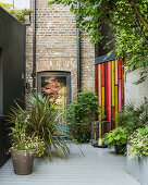 Potted plants on terrace in urban courtyard gardens