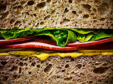 A ham salad sandwich with mustard on brown bread