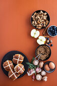 Ingredients for apple and blueberry hot cross bun crumble