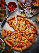 Pizza with mushrooms and bell pepper