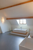 White, minimalist modern bathroom with wooden beams