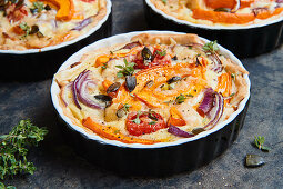 Pumpkin quiche with red onions